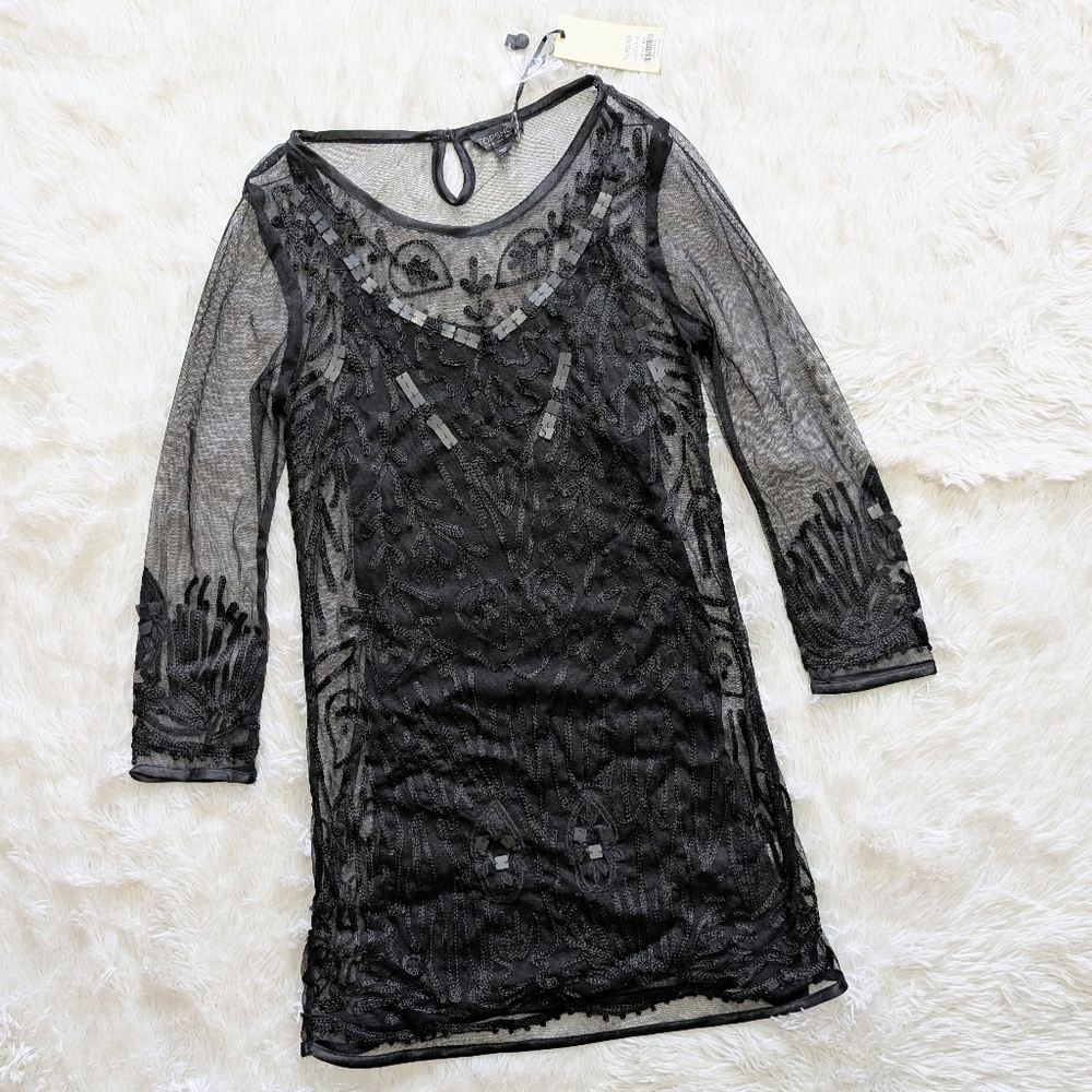 NWT Topshop Embroidered Black Sheer Mesh Fairy Goth Cocktail Mini Dress Size 4